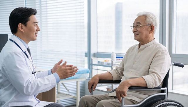 Doctor consulting elderly patient in wheelchair in bright modern clinic office friendly consultation