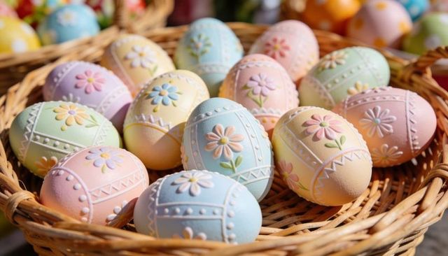 Pastel Handcrafted Easter Eggs with Embossed Floral Details in Wicker Basket, Spring Decor