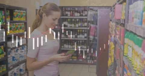 Woman scanning product barcode with smartphone in grocery aisle, data analytics overlay