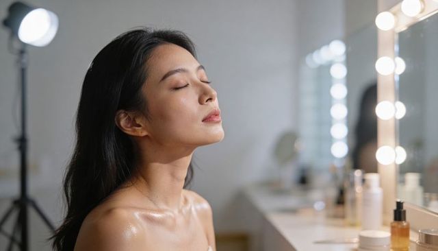 Relaxing skincare moment: woman posing with glossy glowing skin at illuminated vanity mirror