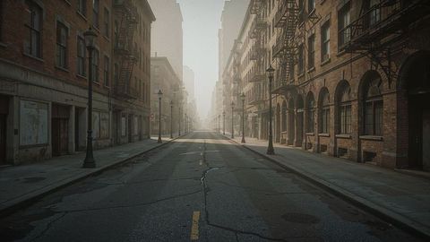 Misty morning on deserted urban street with earthquake vintage charm