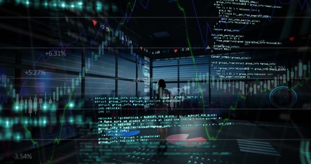 Silhouette of person examining financial market analysis in modern office with transparent digital code and graphs overlay. Ideal for use in articles about financial technology, stock market trends, business data analytics, or futuristic financial environments.