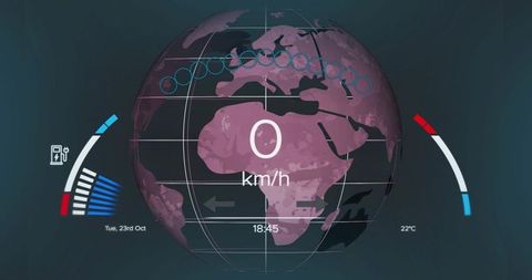 Holographic Globe Dashboard Displaying Telemetry, Speed Gauge, Purple World Map HUD