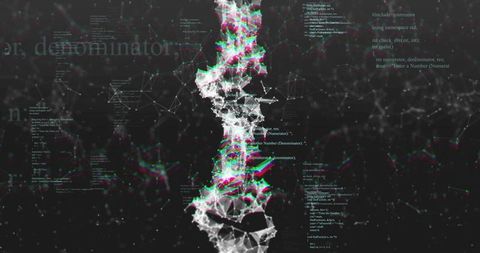 Code animating central filament glitching RGB and pulsing neural network for tech demo