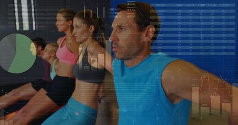 Instructor Guiding Group in Wall Squats with AR Data Overlay