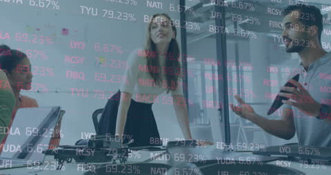 Colleagues Discussing Business Strategies with Stock Data Overlay