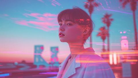 Woman in Neon Dreamscape on Coastal Road with Futuristic Vibes