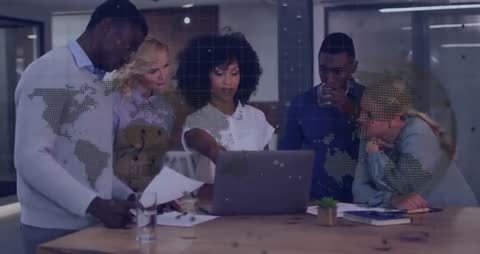 Diverse Team in Strategy Discussion with Animated World Map Charts