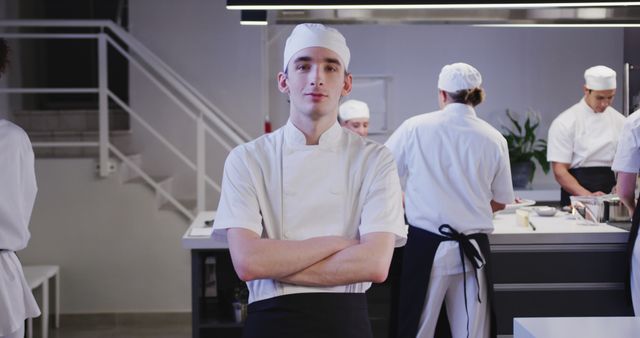 Young chef wearing a white uniform standing with arms crossed in a professional kitchen. Other chefs in the background are working. This is ideal for illustrating themes related to culinary arts, teamwork in kitchen environments, professional cooking, and the restaurant industry.