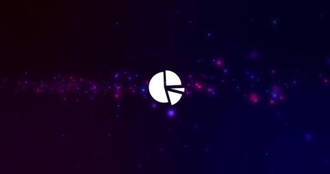 Minimalist glowing pie-chart logo reveal on magenta-blue nebula gradient background