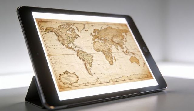 Vintage world map on modern tablet with minimal stand for travel, education, tech