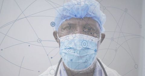 Senior Doctor Wearing Surgical Mask and Cap with Digital Healthcare Network Overlay