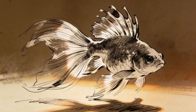 Ornate goldfish ink sketch on sepia parchment with flowing fins and shadow