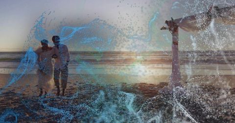 Couple Strolling on Beach at Sunset with Dreamlike Overlay