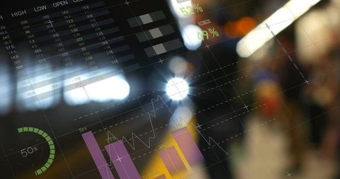 Futuristic transparent analytics dashboard overlaying transit crowd neon bokeh bar graphs