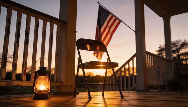 Rustic front porch at dusk with metal folding chair, lantern glow, flag and warm sunset