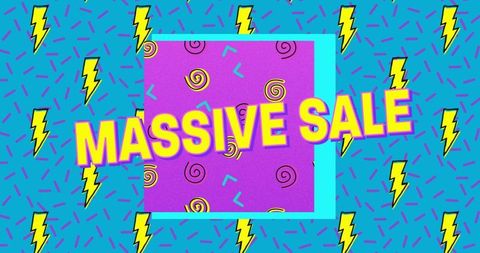 Massive sale retro pop art banner with neon lightning bolts and geometric patterns