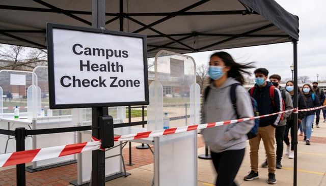 Masked college students queuing at campus health check zone under canopy, screening line
