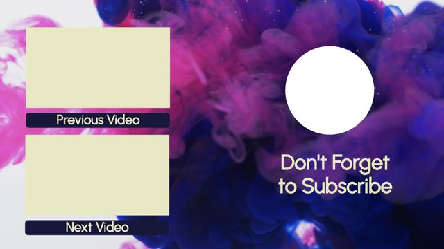 Vibrant video outro template featuring colorful abstract background with placeholders for previous and next video, and a space encouraging viewers to subscribe. Ideal for YouTube creators looking to enhance their video endings with engaging visuals. Excellent for increasing viewer retention and boosting subscriptions.
