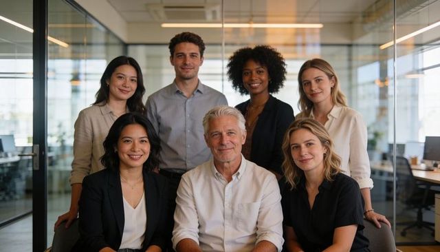 Smiling diverse professional team posing in modern glass office, teamwork and leadership