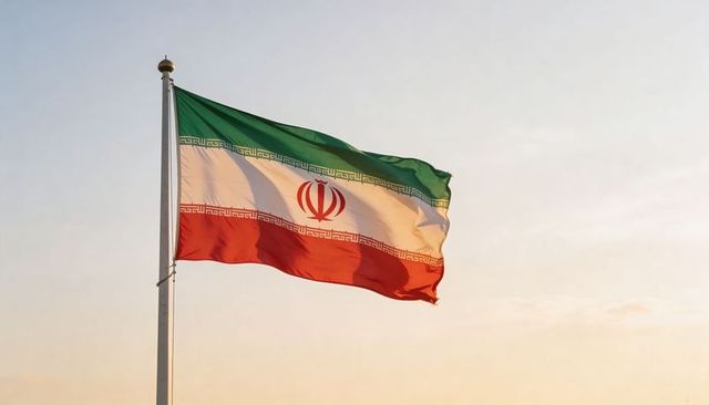 Waving iranian flag at sunset with kufic script emblem and gold finial on pole against warm sky