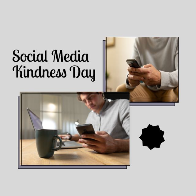 Caucasian men using smart phones with social media kindness day text in gray frame, copy space - Download Free Stock Videos Pikwizard.com