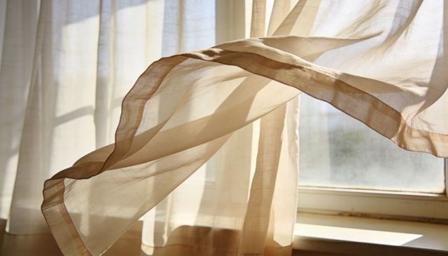 Sunlit sheer curtain billowing over window sill casting soft layered shadows