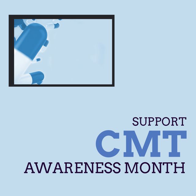 Composition of cmt awareness month text over pills. Cmt awareness month and celebration concept digitally generated image.