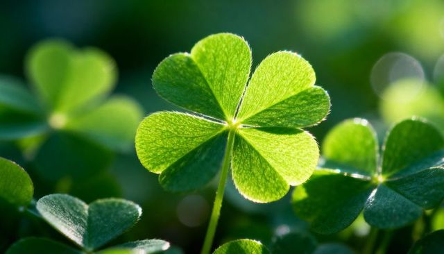 Backlit Four-Leaf Clover Glowing with Dew Drops, Macro Close-Up of Lucky Green Shamrock