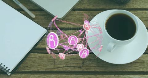 Projecting holographic pink-purple network globe over workspace laptop coffee cup flatlay