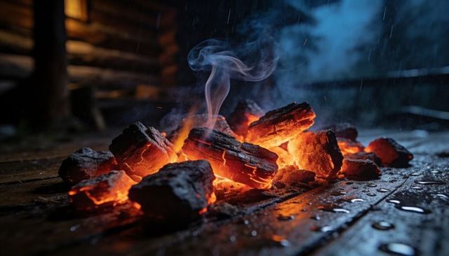 Glowing charcoal embers smoldering, casting orange light on wet wooden planks in rain