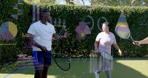 Tennis players analyzing performance data on sunlit grass court with overlay infographics