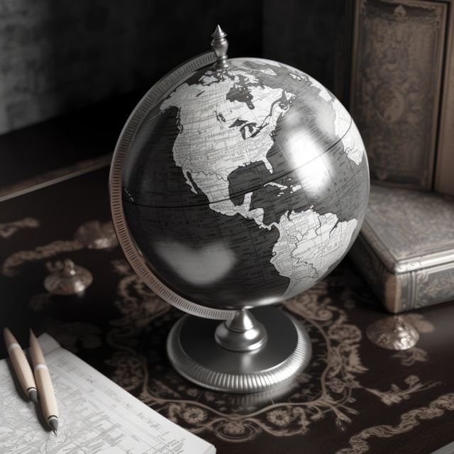 A metallic globe sits on a desk, suggesting a study setting. Pens and documents accompany the globe, hinting at planning or academic work.