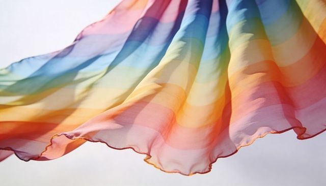 Sunlit sheer rainbow flag fluttering and billowing with translucent flowing stripes