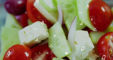 Fresh salad ingredients with eco icons promoting healthy lifestyle