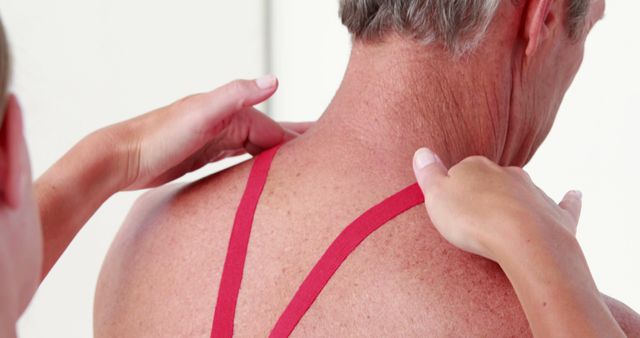 A Caucasian middle-aged man is receiving kinesiology tape therapy on his neck from a healthcare professional, a physiotherapist or sports therapist, with copy space. Kinesiology taping is used to support and relieve pain in muscles, joints, and ligaments.
