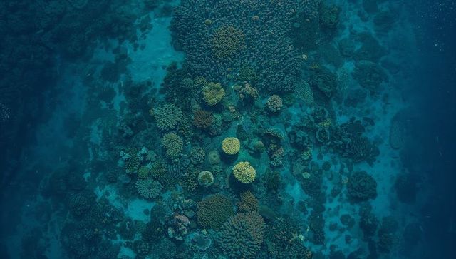 Aerial view revealing vibrant coral reef ridge with boulder and plate corals in teal water