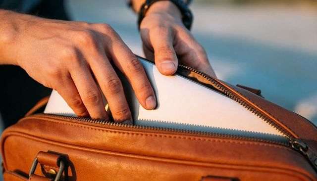 Hands sliding slim laptop into brown leather briefcase at golden hour urban commuter