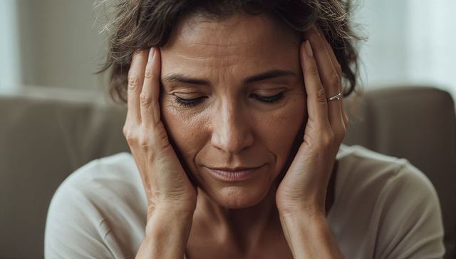 Introspective midlife woman holding head on sofa conveying fatigue and quiet reflection