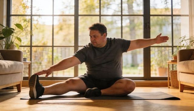 Plus size man performing seated hamstring stretch on mat in sunlit living room home workout