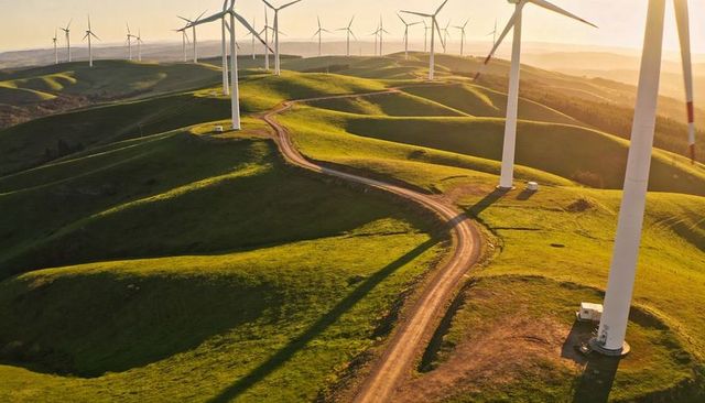 Wind turbines casting long shadows over rolling green hills at golden hour