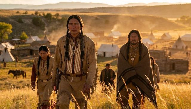 Native american leaders walking sunlit prairie encampment wearing buckskin and bone breastplate
