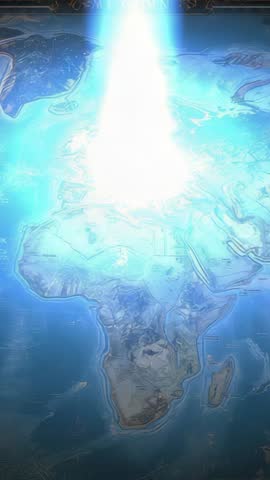 Vertical sci-fi beam illuminating global map, highlighting Central Europe with data glow