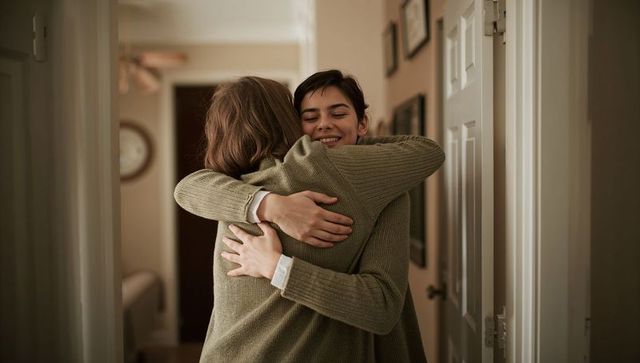 Two women sharing warm embrace in cozy home hallway wearing olive knit sweaters