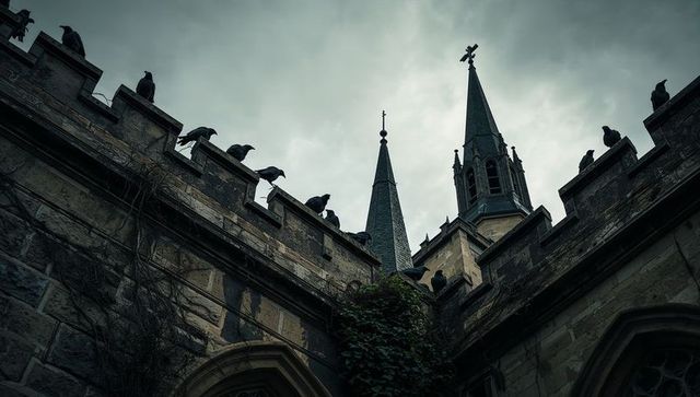 Gothic Church Courtyard with Perched Black Birds