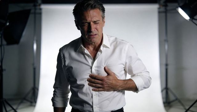 Middle-aged man clutching chest, grimacing under dramatic studio lights for health concept