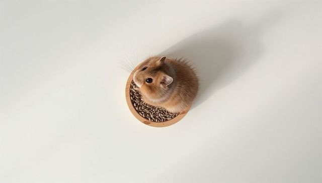 Golden hamster sitting in wooden bowl with sunflower seeds overhead on white background