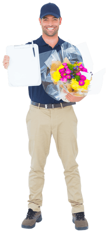 Transparent Flower Delivery Man Holding Bouquet and Clipboard