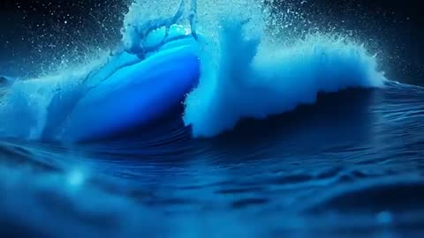 Dynamic Blue Wave Rising and Breaking in Ocean