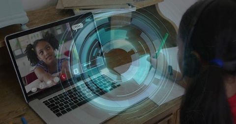 Remote learning with child joining video call at home desk and futuristic hud overlay